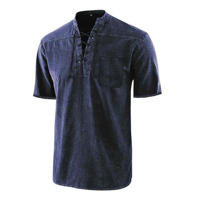 T-shirt rétro gothique à manches courtes avec col en V lacé et poche en lin pour hommes-5