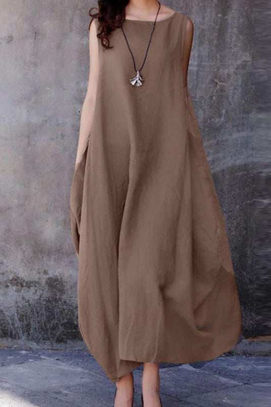 Women's casual cotton and linen casual solid color round neck pocket maxi dress--test