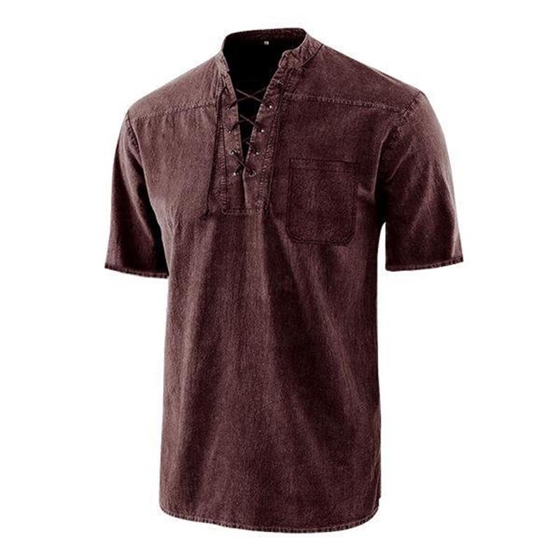 T-shirt rétro gothique à manches courtes avec col en V lacé et poche en lin pour hommes-7