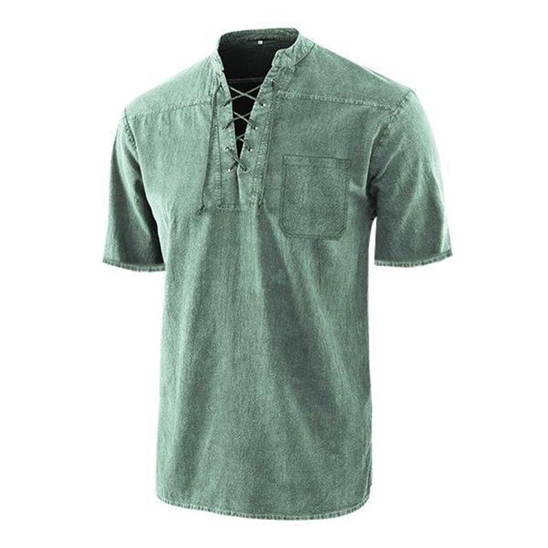 T-shirt rétro gothique à manches courtes avec col en V lacé et poche en lin pour hommes-1