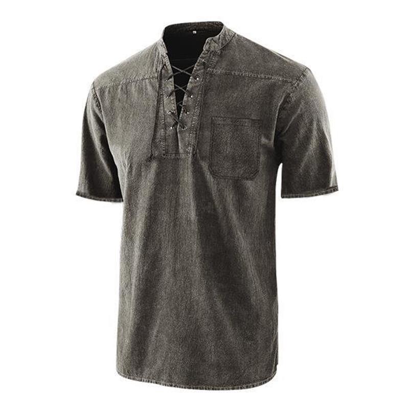 T-shirt rétro gothique à manches courtes avec col en V lacé et poche en lin pour hommes-8