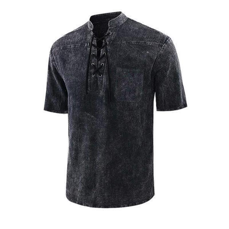 T-shirt rétro gothique à manches courtes avec col en V lacé et poche en lin pour hommes-3