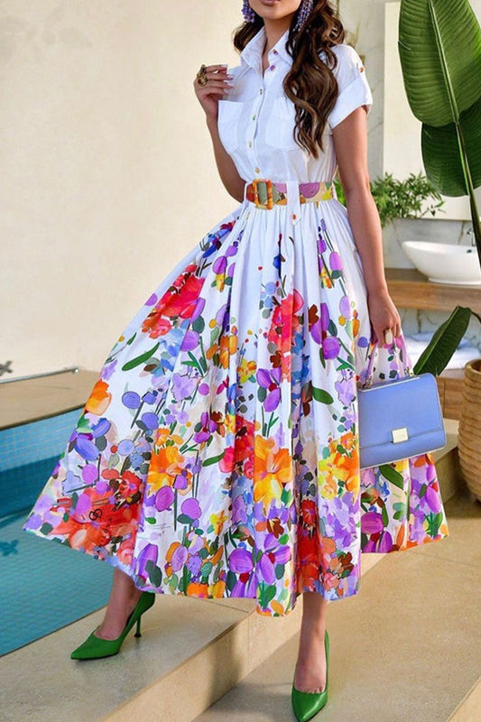 Women's casual floral print belt short sleeve maxi dress