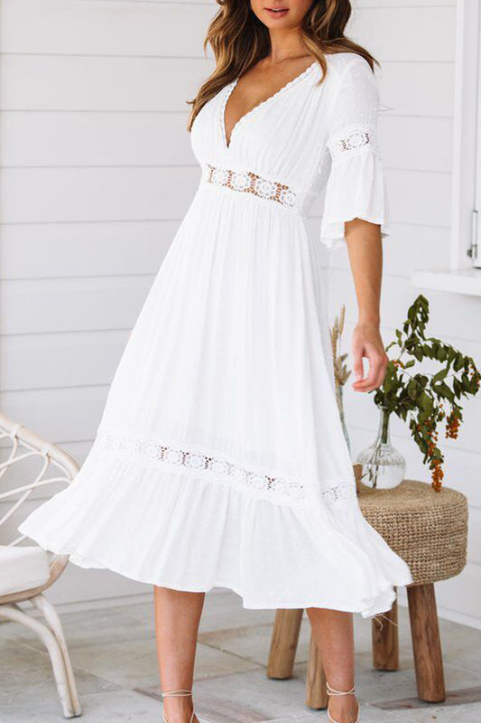 Dámské v-neck sexy krajky splicing waist-délka rukávů midi šaty