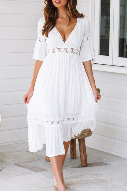 Dámské v-neck sexy krajky splicing waist-délka rukávů midi šaty